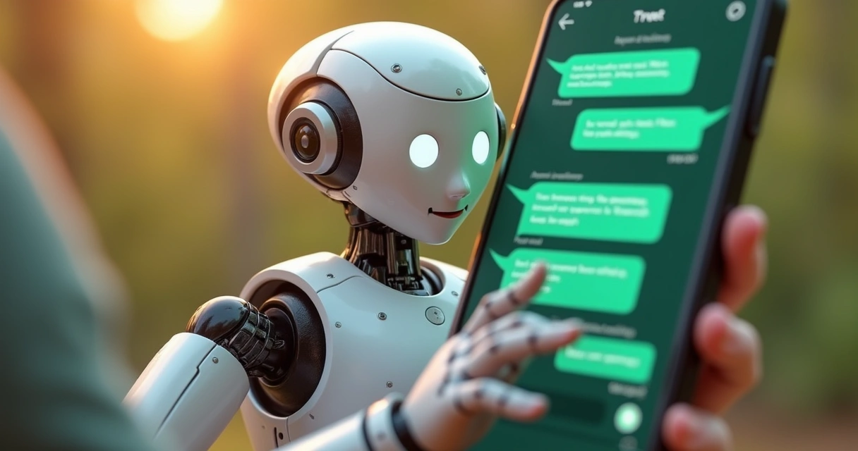 Ilustração colorida mostrando chatbot humanizado no WhatsApp