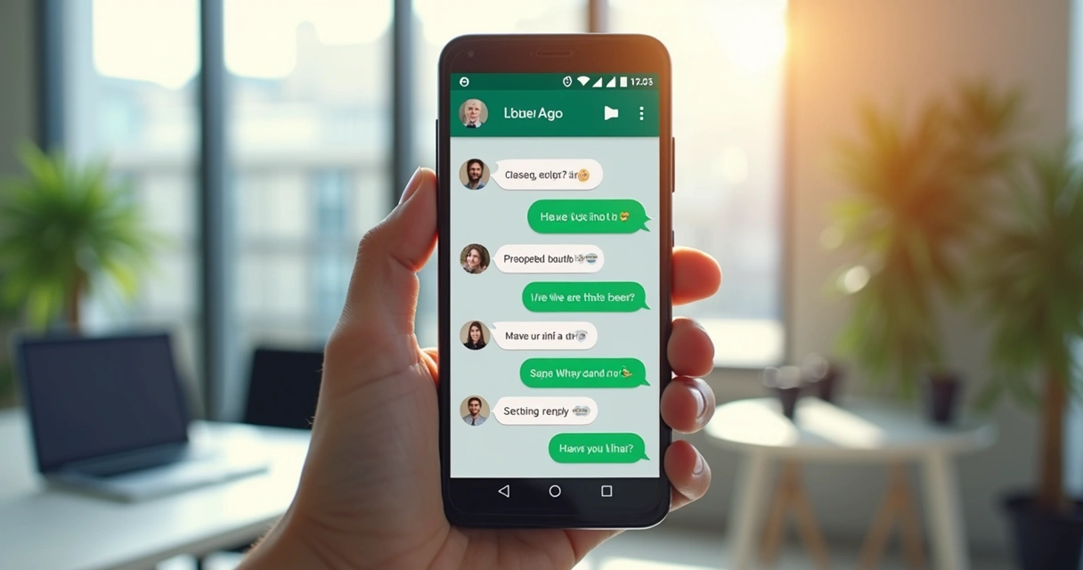 Smartphone displaying a WhatsApp chat with a humanized chatbot conversation on screen, showing personalized messages and quick replies in a bright modern office setting 