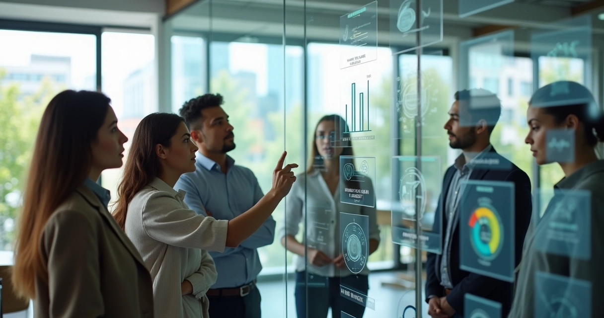 Diverse team in modern office analyzing human-centered workplace metrics on a glass wall 