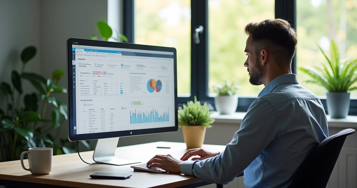 Pessoa em frente ao computador, usando sistema de cobrança no trabalho 
