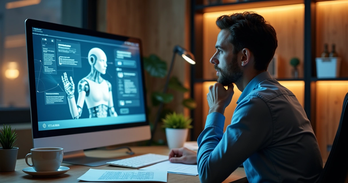 Pessoa e avatar de robô trocando ideias diante do computador 