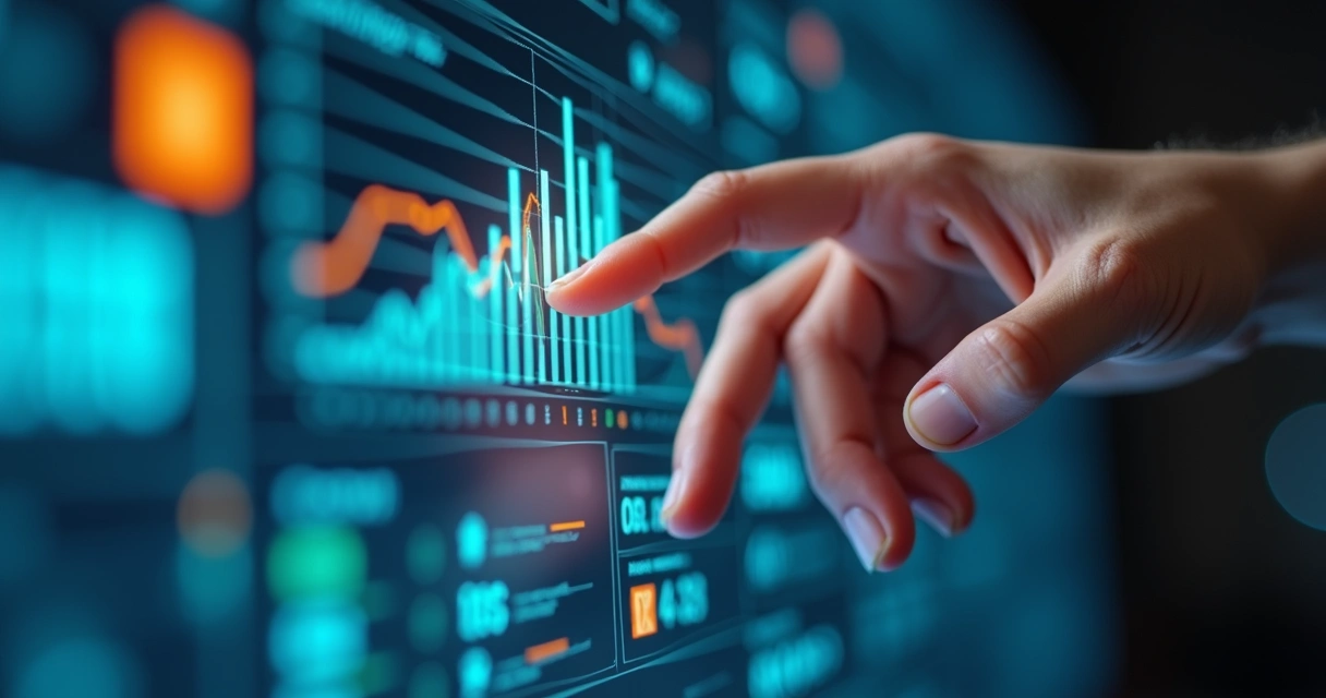 Mãos humanas e interface digital interagindo com telas coloridas de marketing 