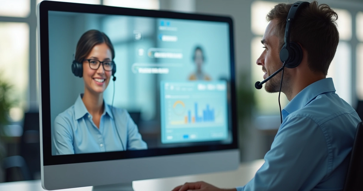 Profissional de atendimento humano e IA ao fundo 