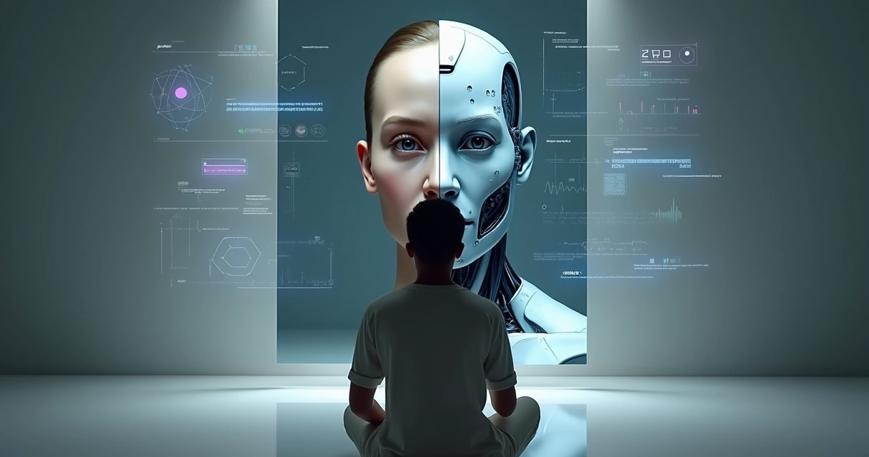 Pessoa olhando para um espelho digital com rosto metade humano metade robô 