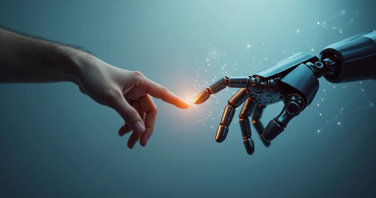 Human hand and robotic hand reaching towards each other with soft blue and gray tones, digital network between fingers