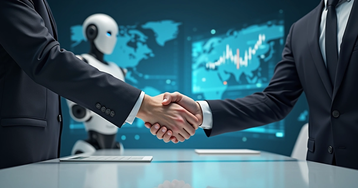 IA em pré-vendas em SaaS: dados, limitações e oportunidades 5 Pessoa apertando a mão de um robô em ambiente de negócios, sinalizando parceria