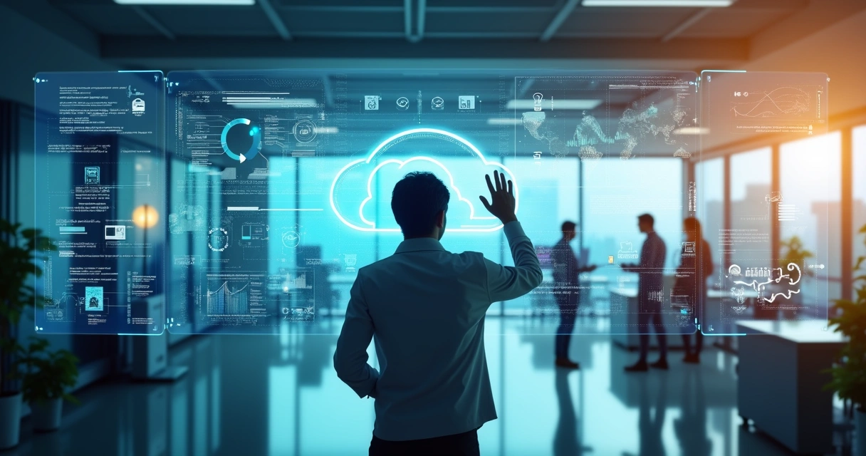 Pessoa tocando tela digital cercada por ícones tecnológicos e silhuetas humanas ao fundo 