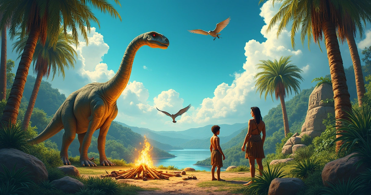Cenas de humanos antigos observando um Brachiosaurus em uma paisagem pré-histórica vibrante.