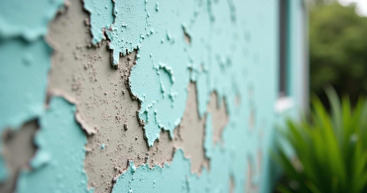 Close-up of exterior wall paint failing due to high humidity in Florida 