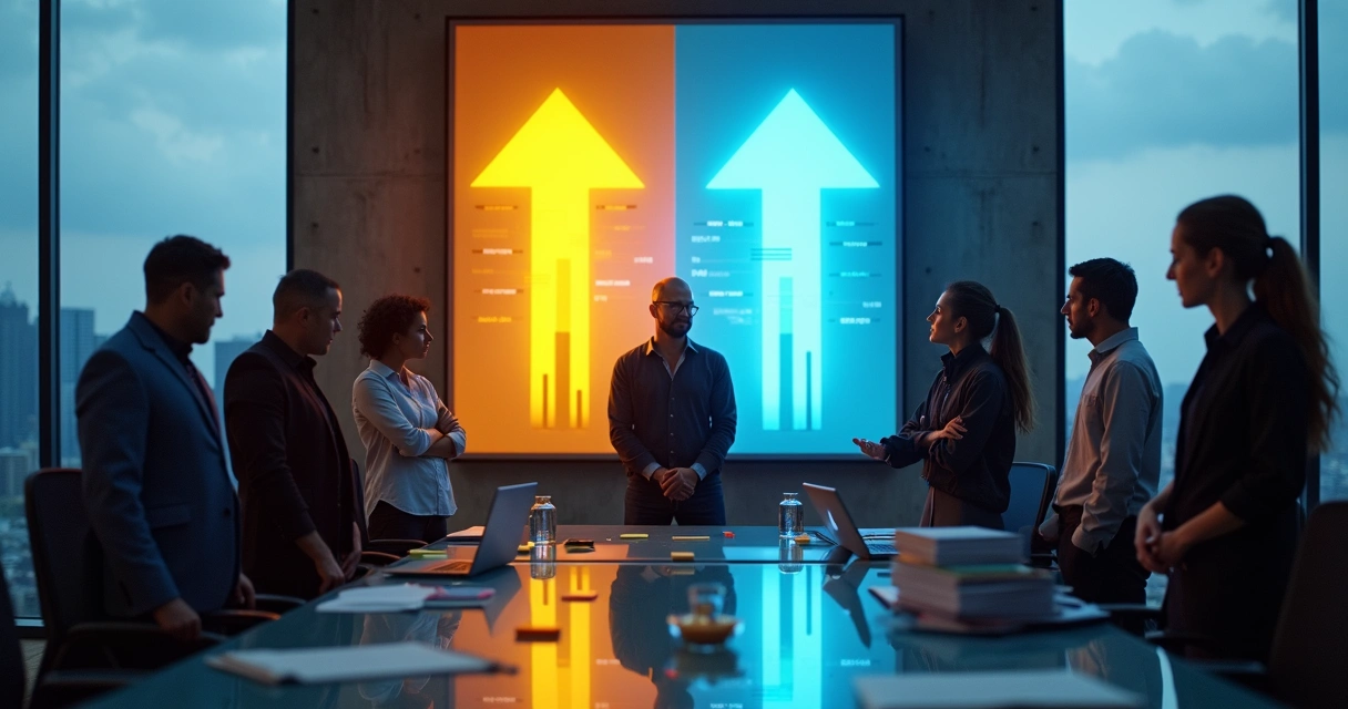 Equipe em escritório observando painel com setas opostas em clima de tensão sutil 