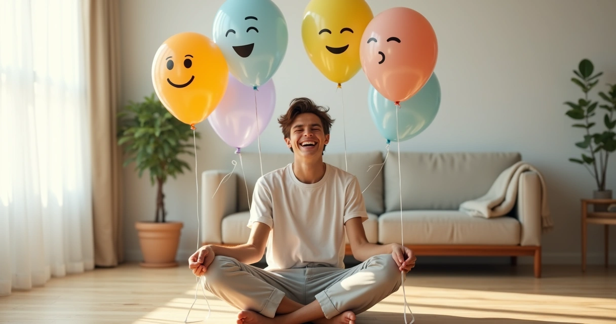 Persona riendo mientras sostiene globos de colores con caras emocionales variadas 