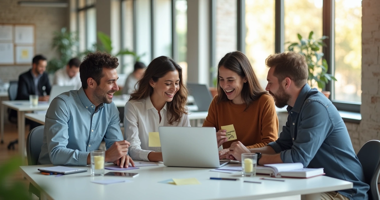 Profesionales en oficina abierta compartiendo un momento de risa equilibrado con trabajo 