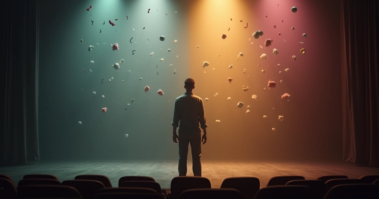 Pessoa em palco dividido entre sombra tensa e luz colorida sorridente 