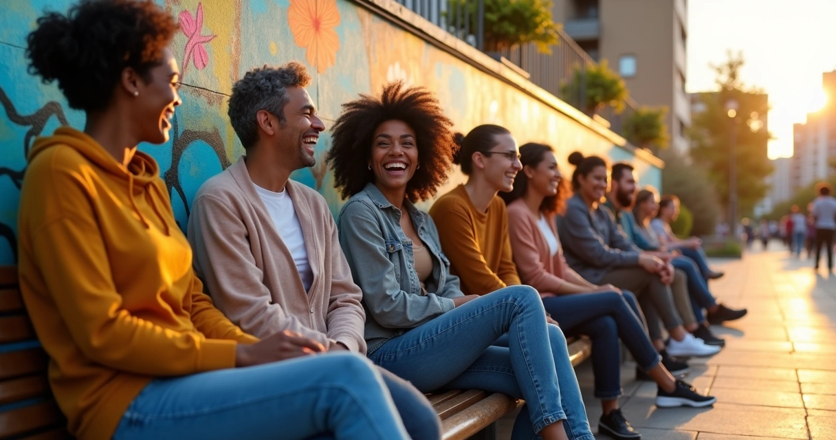 Grupo de personas riendo juntas bajo graffitis coloridos en una calle urbana 