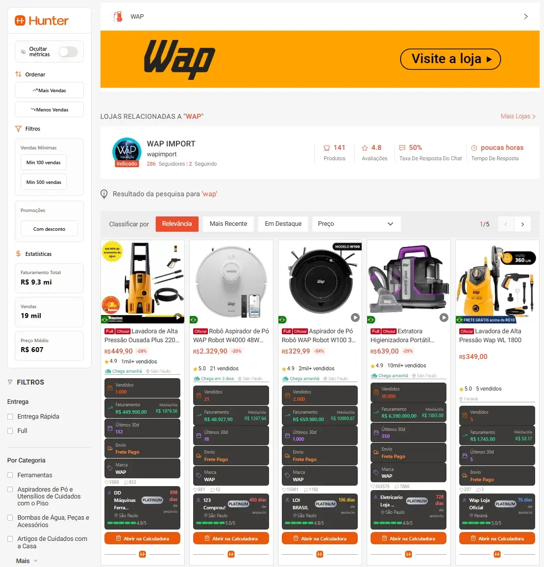 Interface da plataforma Hunter mostrando lojas relacionadas à marca WAP com produtos e estatísticas de vendas