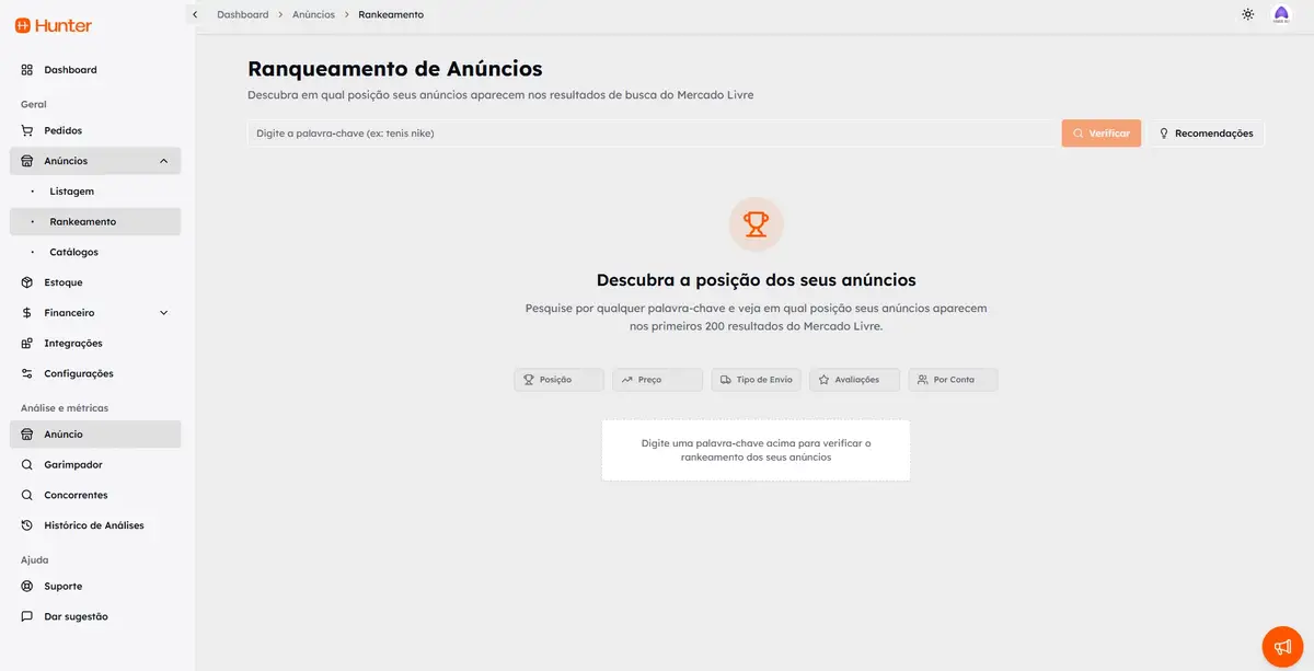 Página do sistema Hunter mostrando a funcionalidade de ranqueamento de anúncios Mercado Livre