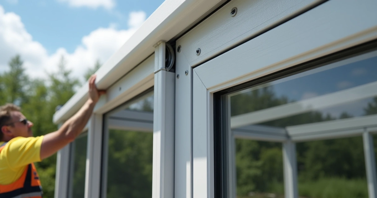 Aluminum screen room frame with hurricane fasteners being installed