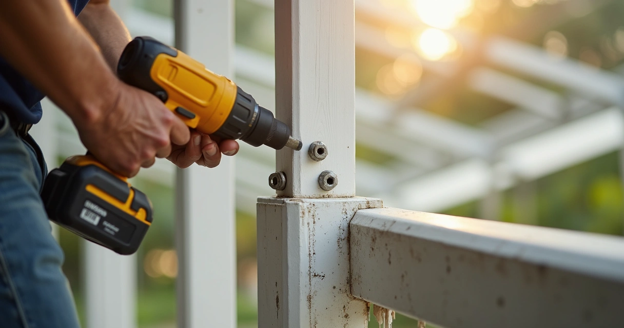 Technician installing hurricane-grade fasteners in a lanai frame, hands close-up 