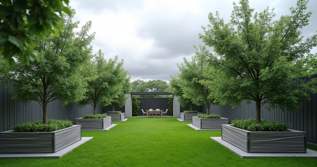 Backyard with sturdy trees, tied-down outdoor furniture, and raised garden beds 