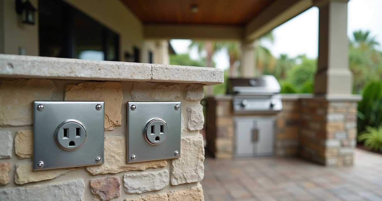Outdoor kitchen with visible hurricane-rated anchors and covered outlets 