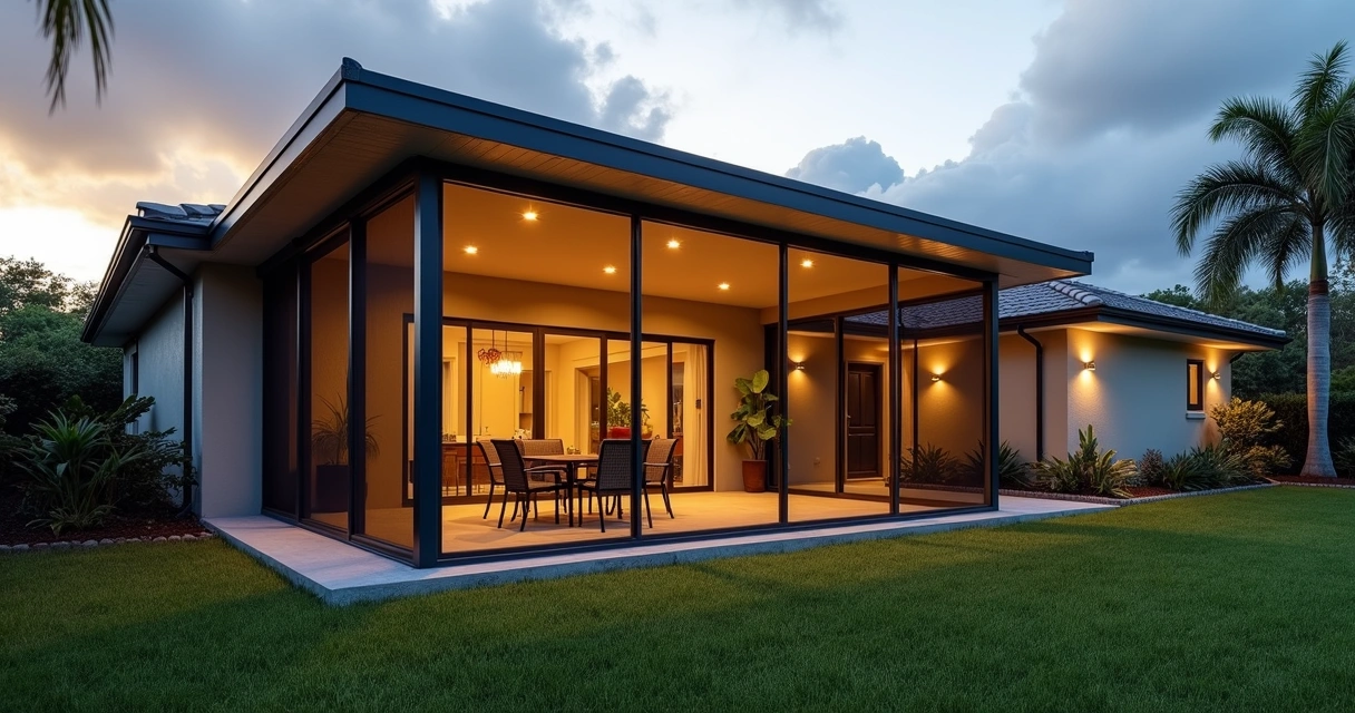 Orlando backyard screen room with reinforced frame at sunset 