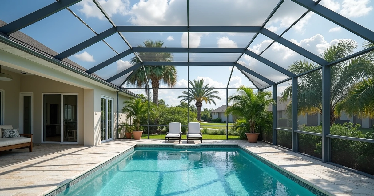 Aluminum screen enclosure with reinforced cables and secured fasteners 