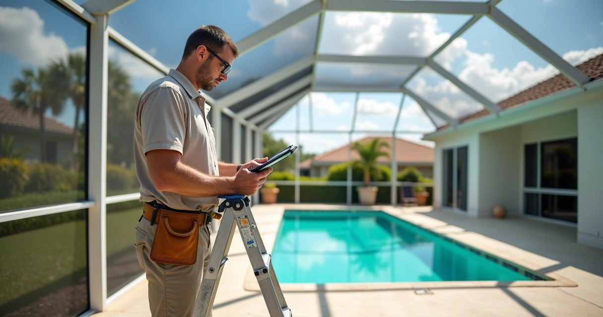 Technician inspecting a Florida pool screen enclosure after a hurricane 