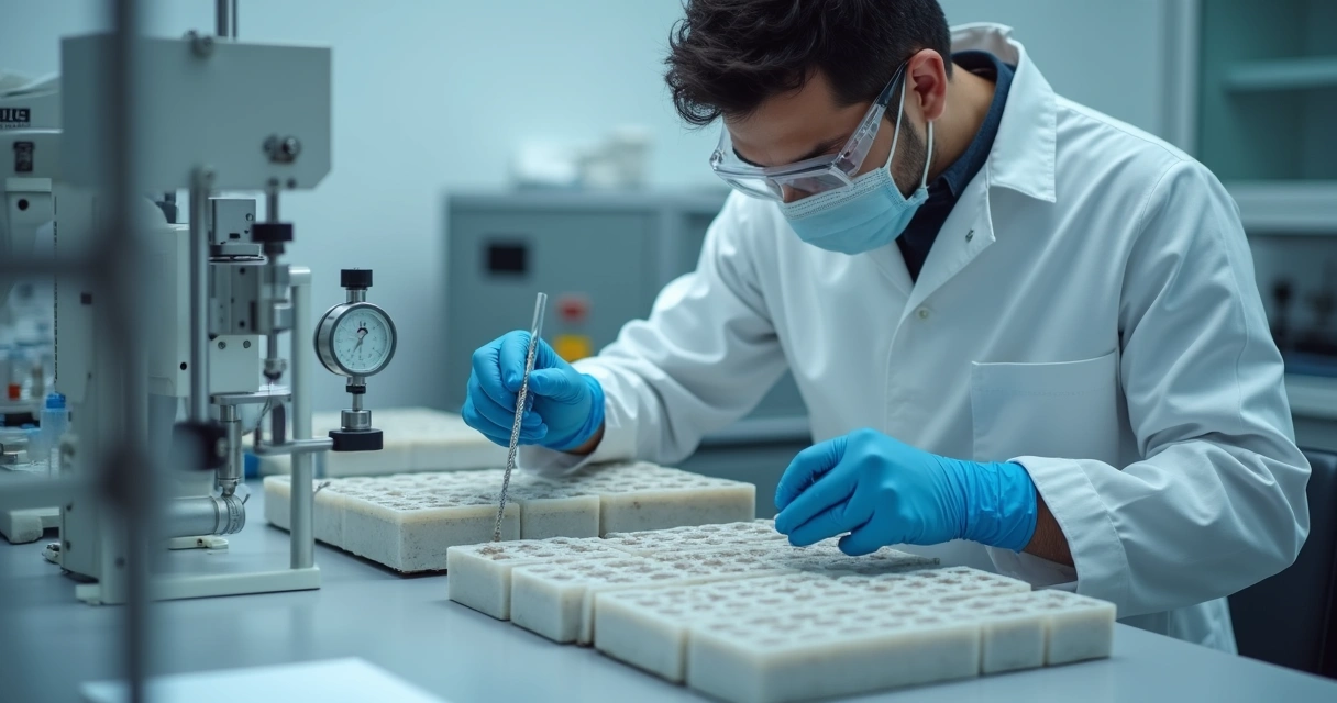 Lab technician testing concrete hybrid crack filler sample 