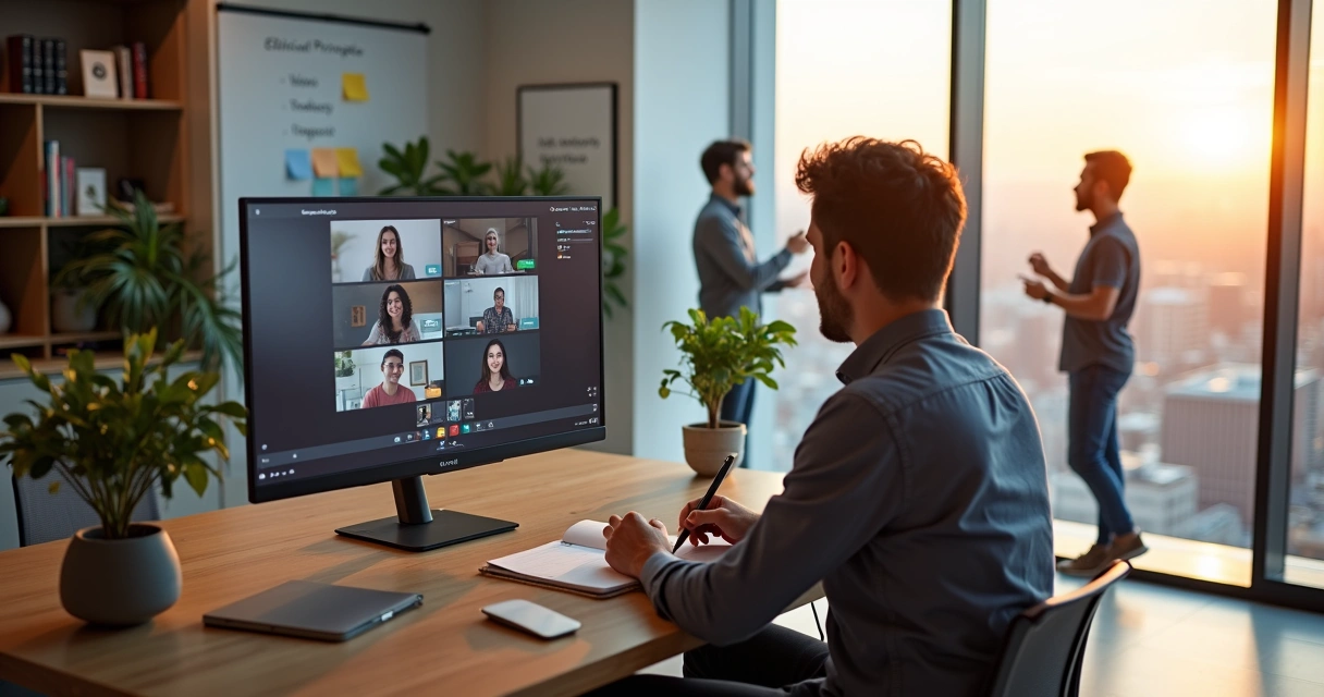People collaborating in a hybrid ethical workspace with screens and office view 