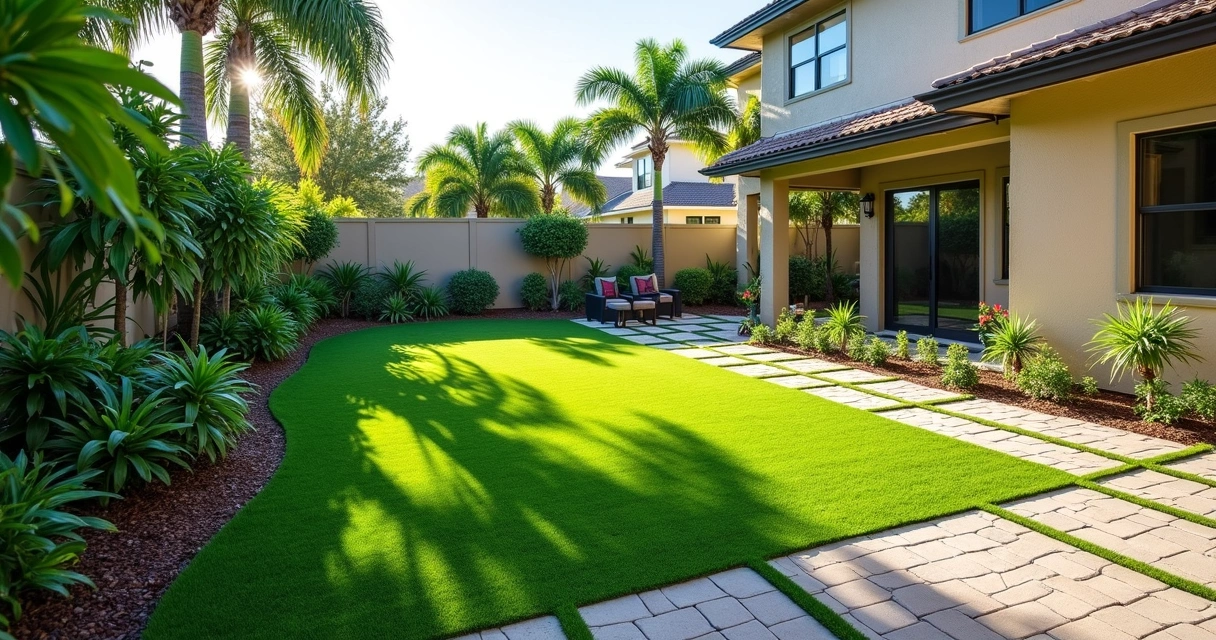 Hybrid landscape with turf, grass and pavers in Florida