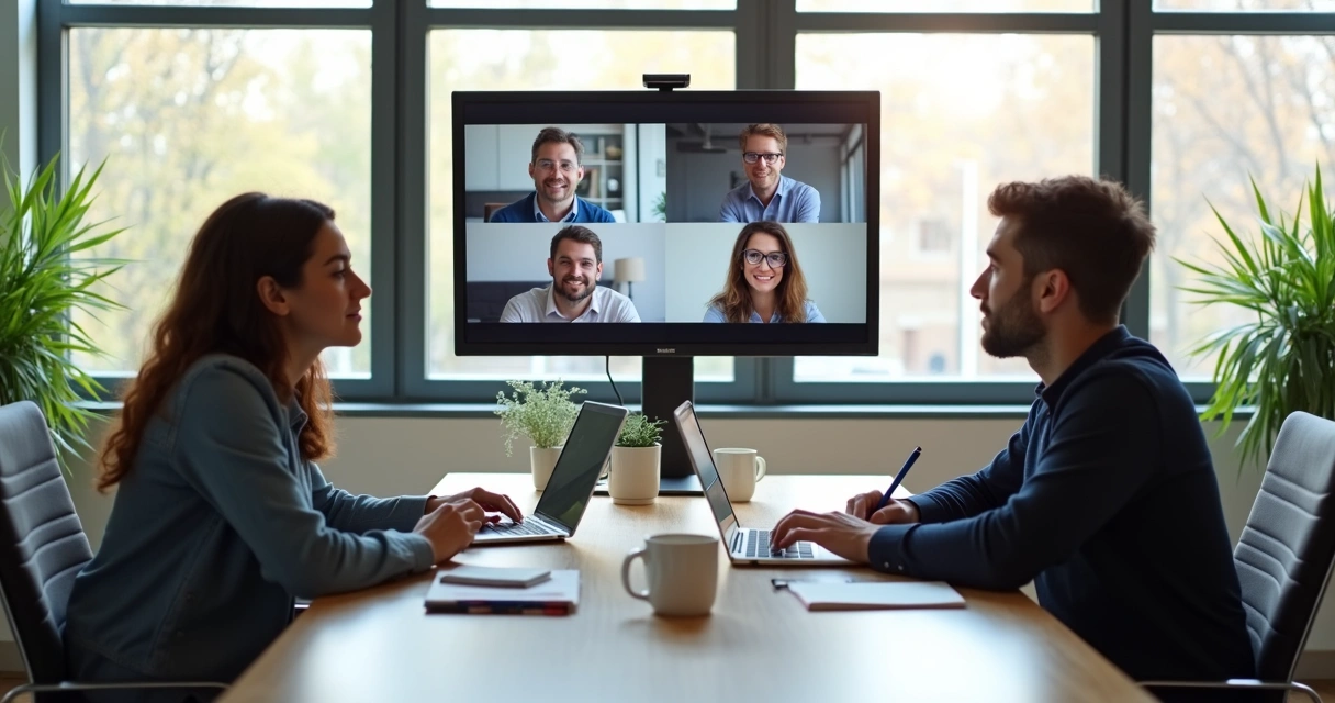 Hybrid team of coworkers in a meeting with some people on video call and some in the office