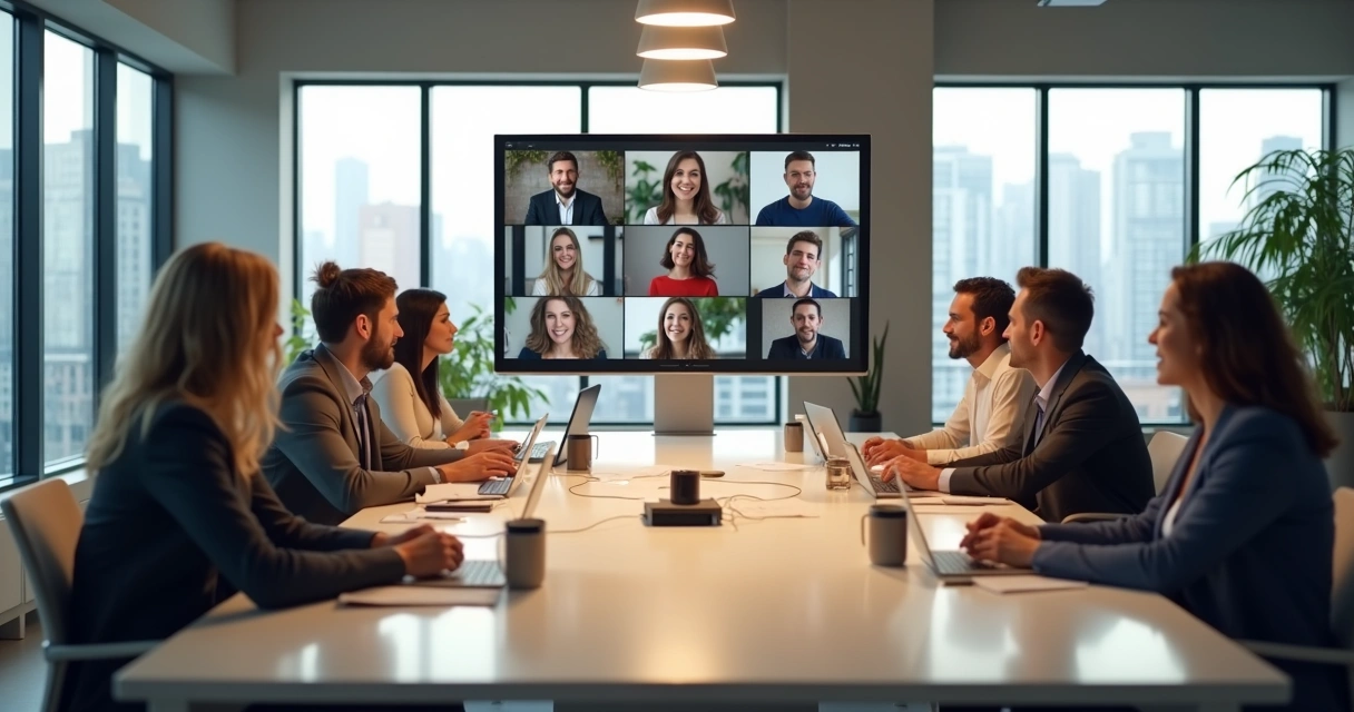 Office space with a large table showing people attending in person and a tablet displaying remote coworkers on a video call. 