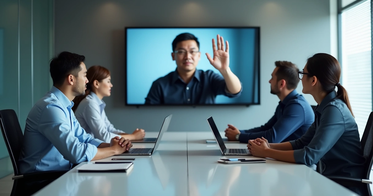 Hybrid meeting with remote and in-room participants showing tense body language 