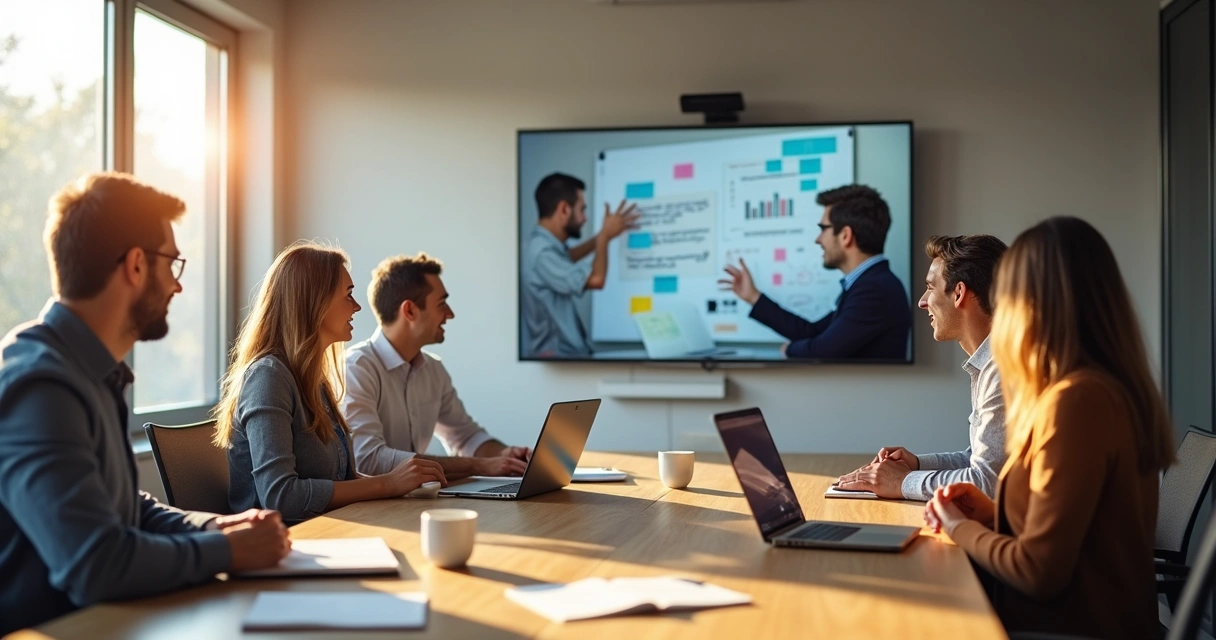 Hybrid meeting with people in a conference room and colleagues on screens 