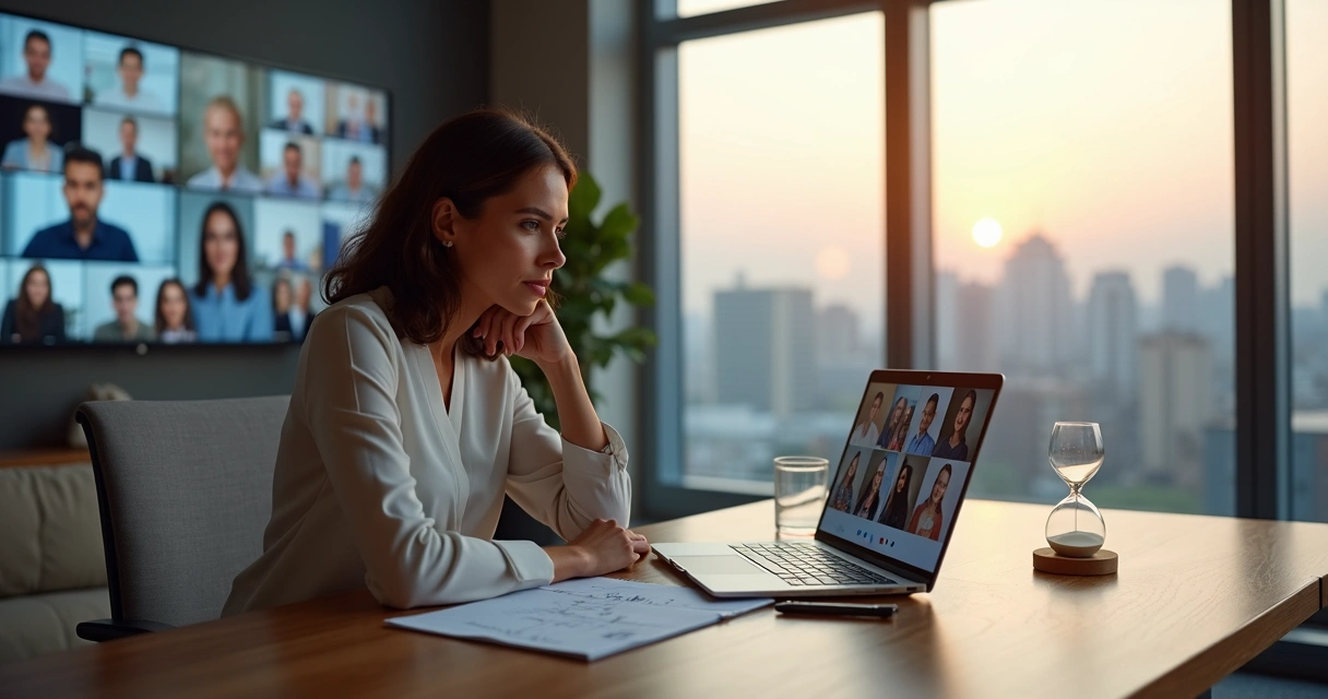 Professional woman in hybrid meeting pausing thoughtfully with city and home blended behind her 