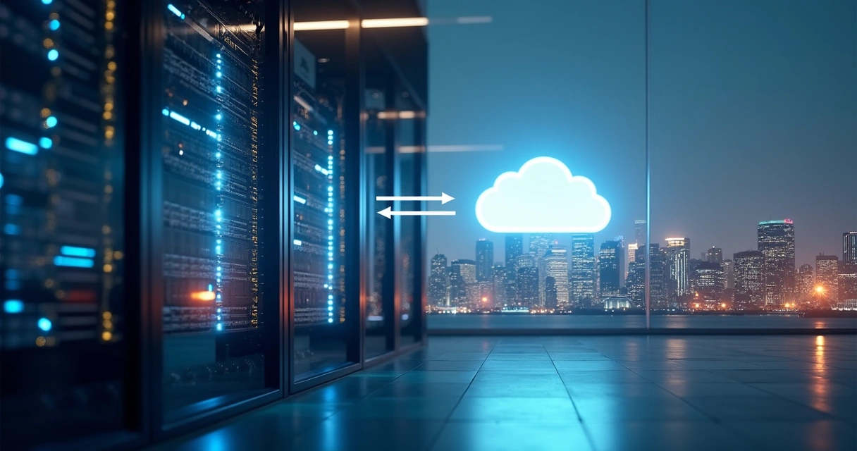On-premises rack contrasted with cloud storage concept. 