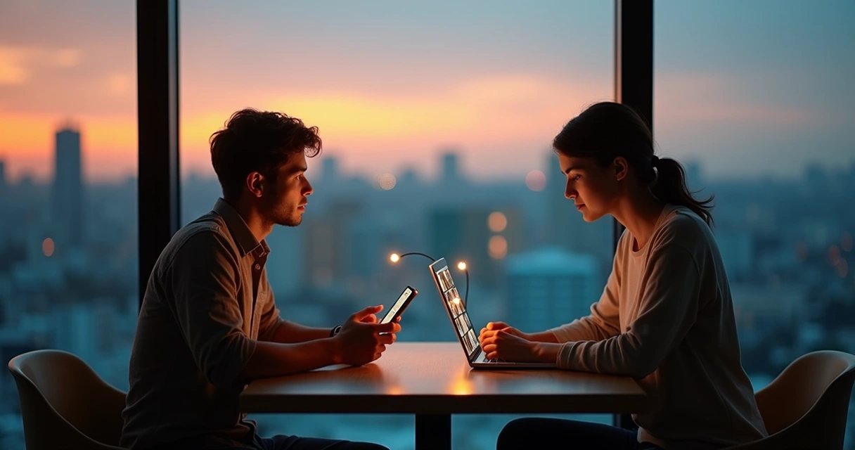Two people connected through both smartphone screens and face to face in a blended digital and physical setting 