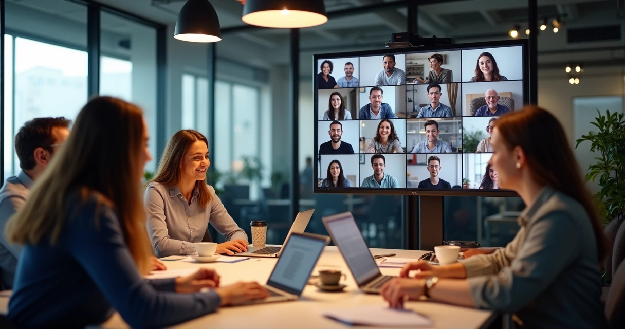 Hybrid team of colleagues working together in a modern office and remotely on laptops 