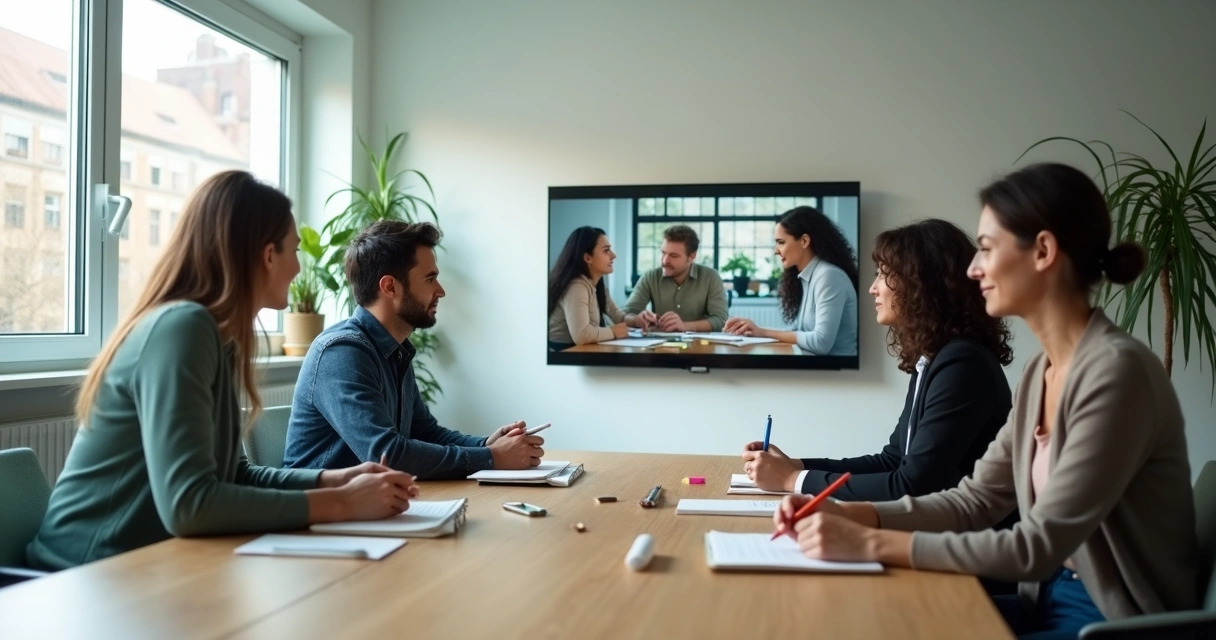 Hybrid team discussing around a table and on a wall screen 