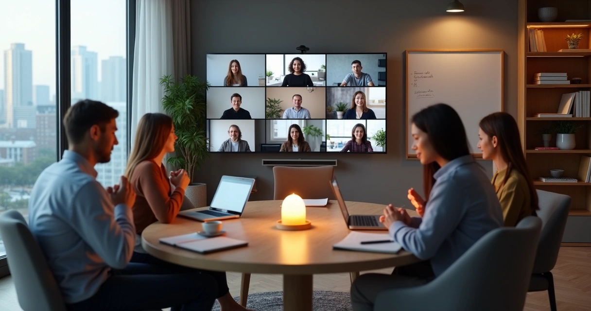 Hybrid team forming a digital ritual circle around a shared screen 