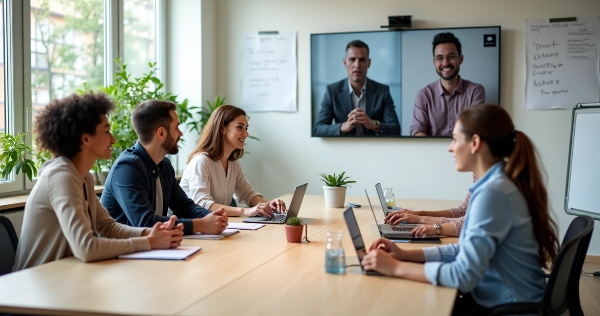 Hybrid team meeting with in-person and remote members in a calm workspace 