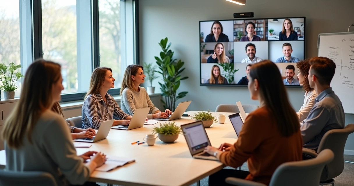 Hybrid team in video meeting with calm leader fostering open discussion 