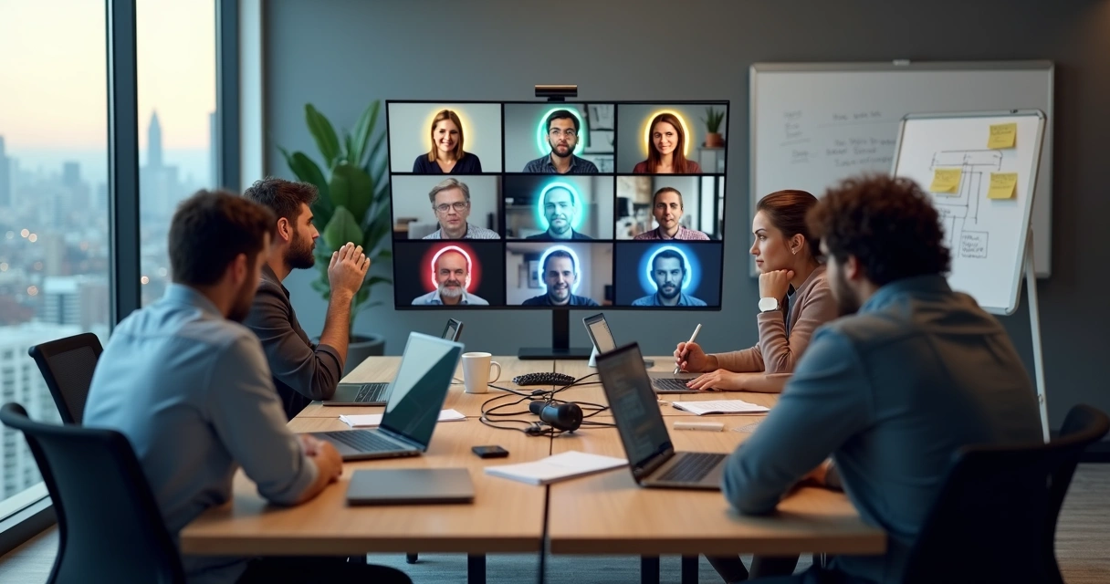 Hybrid team in office and on screens with color-coded emotional signals 