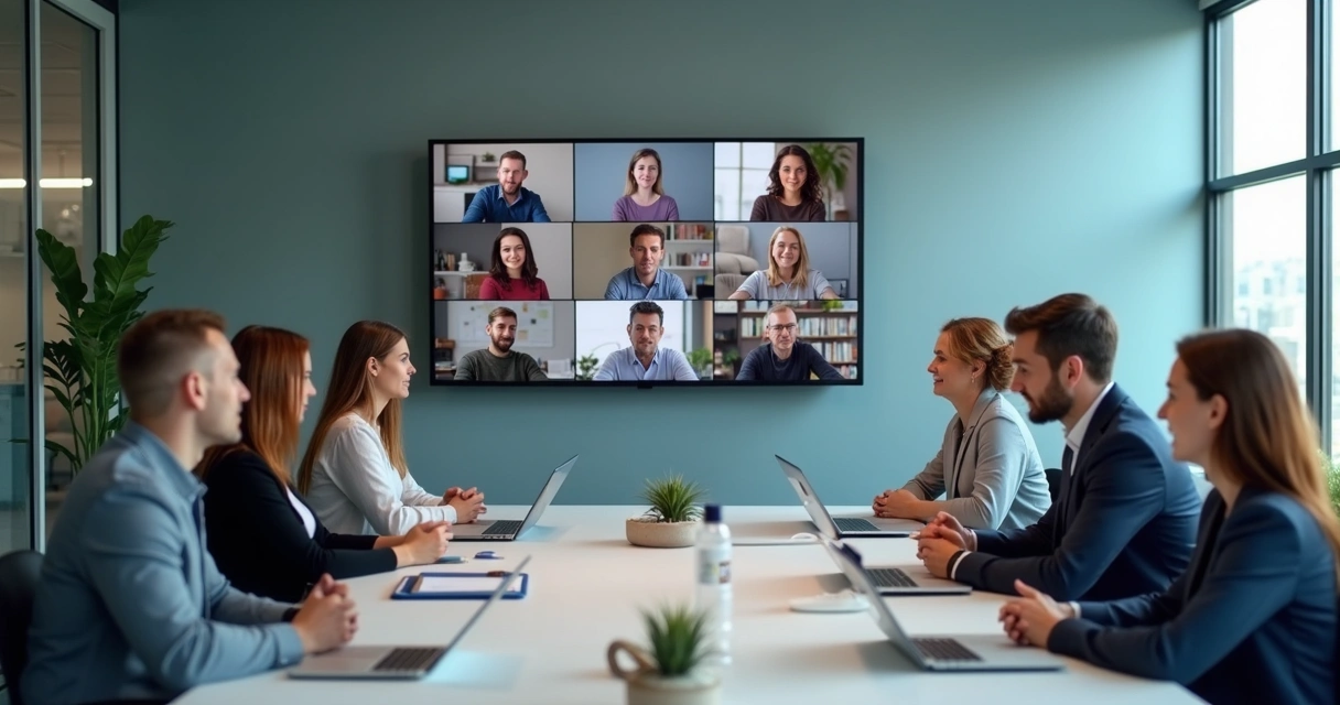 Hybrid team meeting with in-person and remote members on screen 