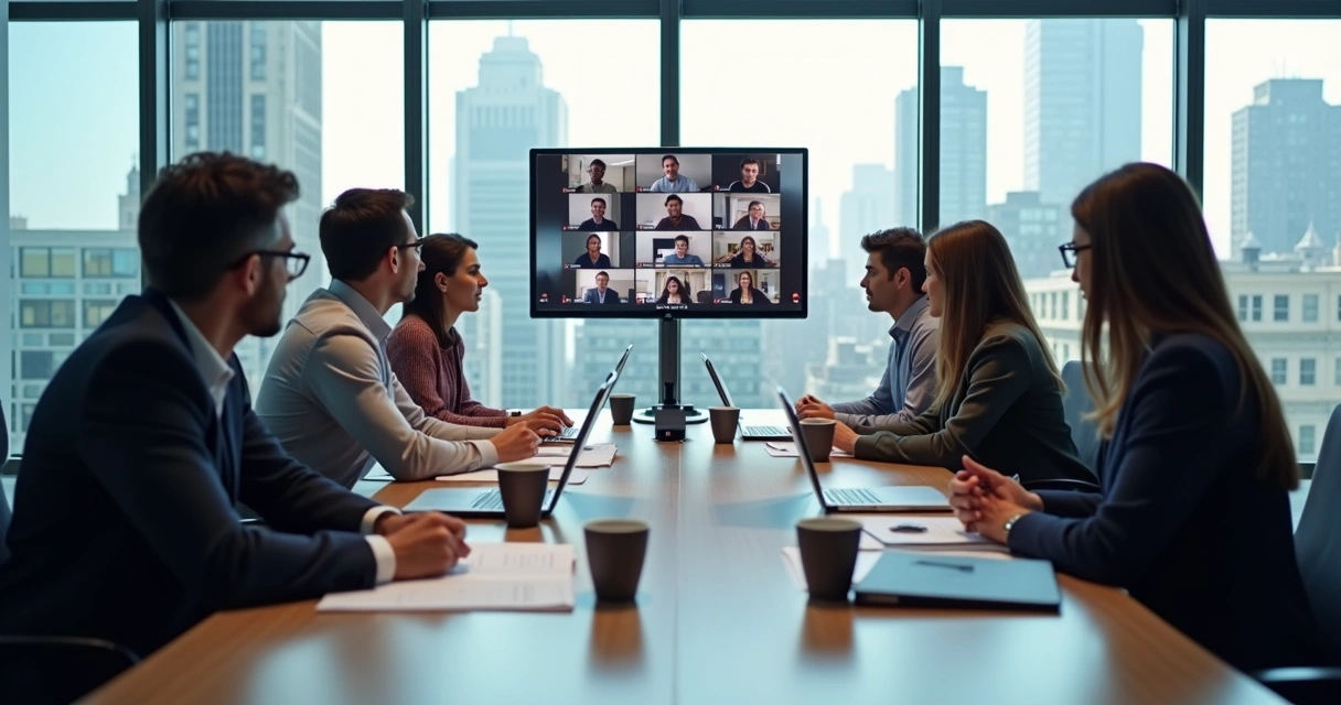 Hybrid team meeting with people on video call and in-person around a table