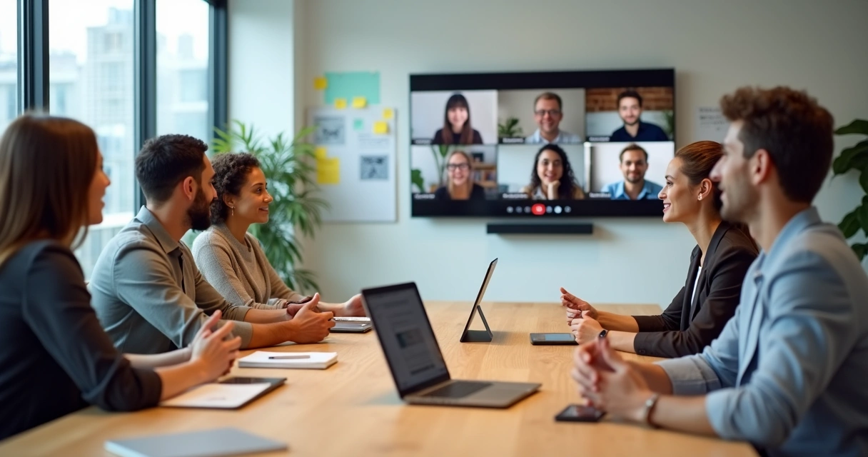 Hybrid team in video meeting creating a safe and collaborative work environment 