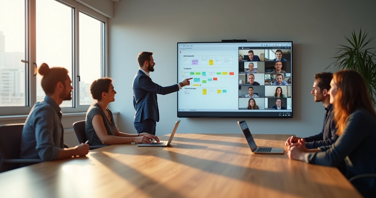 Hybrid team in office and video call sharing responsibility on a digital board 