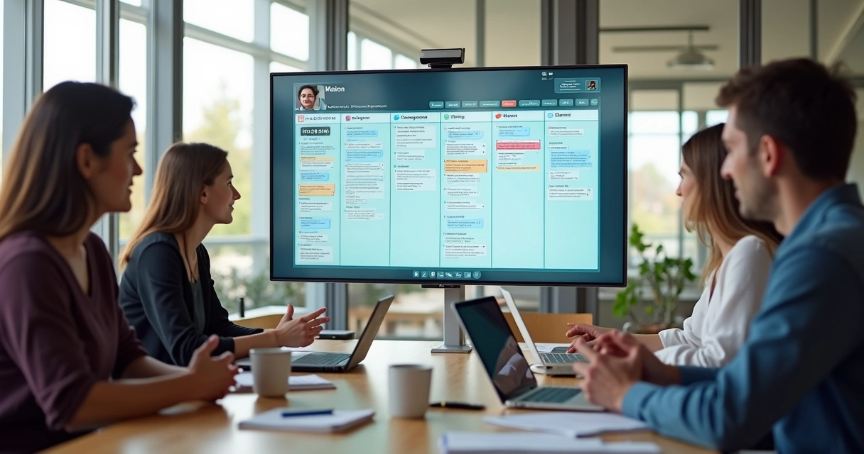 Shared digital task board during a hybrid team meeting