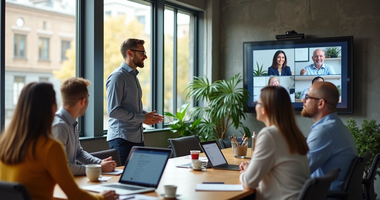 Manager leading hybrid team meeting via video call