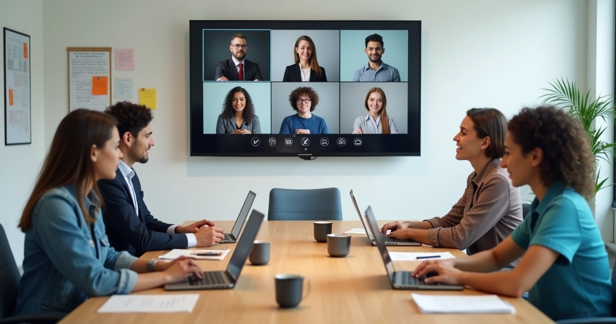 Hybrid team in a video check-in with office and remote members 